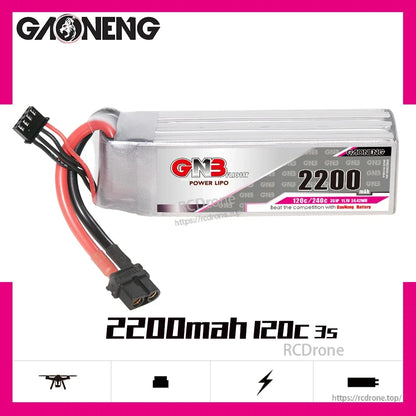 Side profile of GAONENG GNB LiPo battery with XT60 connector, on branded spec banner
