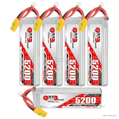 Six GNB 5200 LiPo batteries shown, five upright plus one horizontal, all with XT90S plugs
