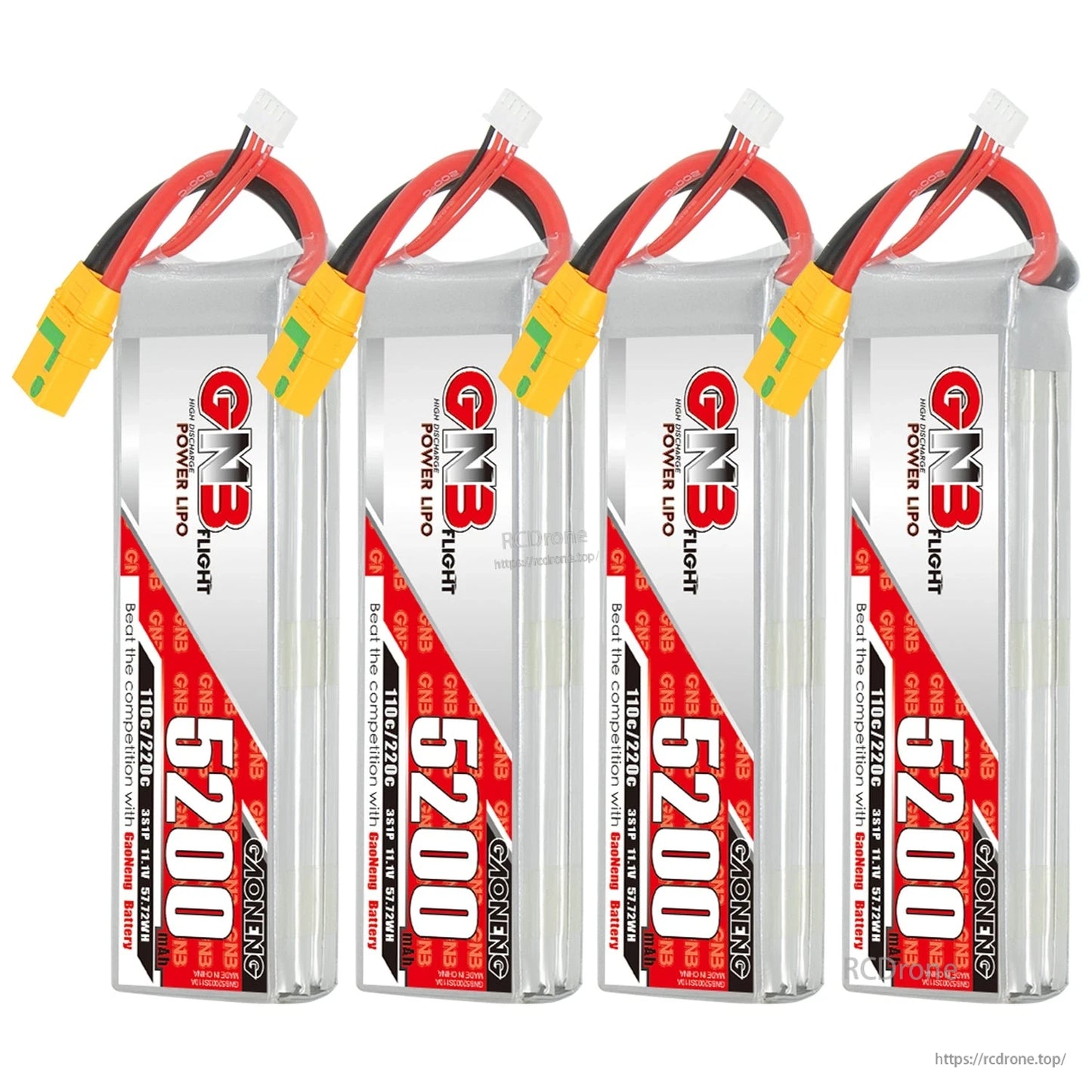 Four GNB 5200 LiPo battery packs lineup with XT90S connectors and red/black power leads