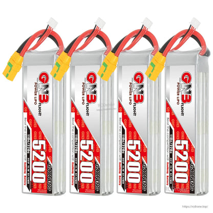 Four GNB 5200 LiPo battery packs lineup with XT90S connectors and red/black power leads