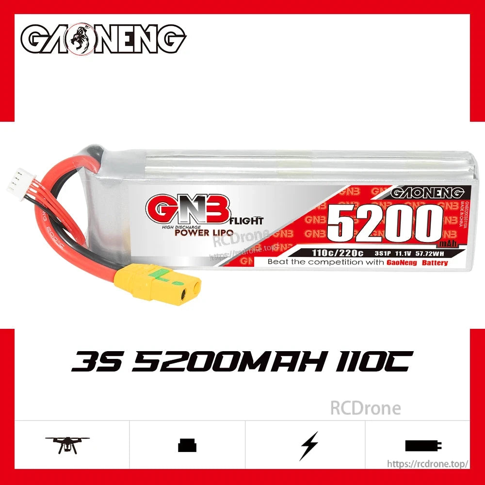 GAONENG GNB 3S 11.1V 5200mAh 110C LiPo Battery side view with 3S 5200mAh 110C graphic