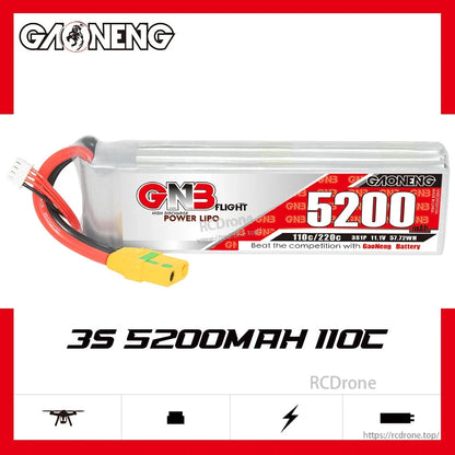GAONENG GNB 3S 11.1V 5200mAh 110C LiPo Battery side view with 3S 5200mAh 110C graphic