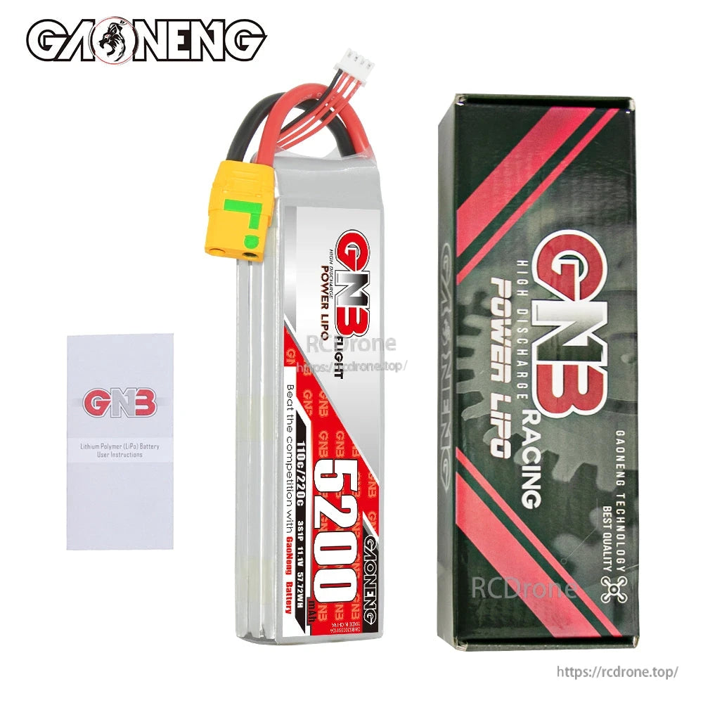 Package contents: GNB 5200 LiPo battery, retail box, and user instruction leaflet
