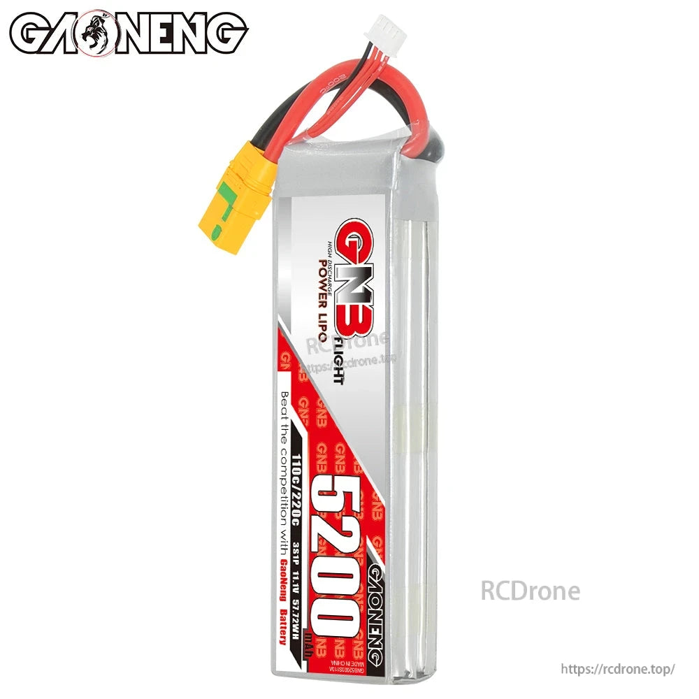 Vertical standing view of GNB 5200 LiPo battery pack showing front label and top wires