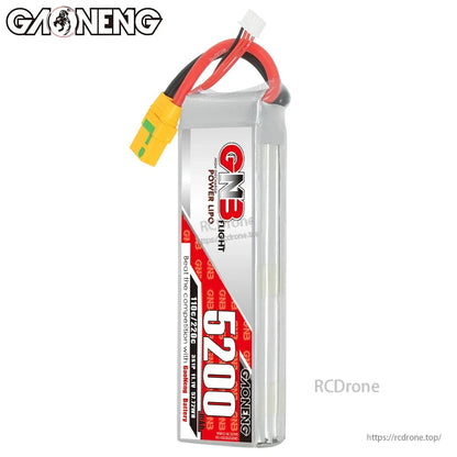 Vertical standing view of GNB 5200 LiPo battery pack showing front label and top wires