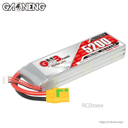 Angled view of 5200mAh LiPo pack highlighting yellow XT90S connector and thick power leads