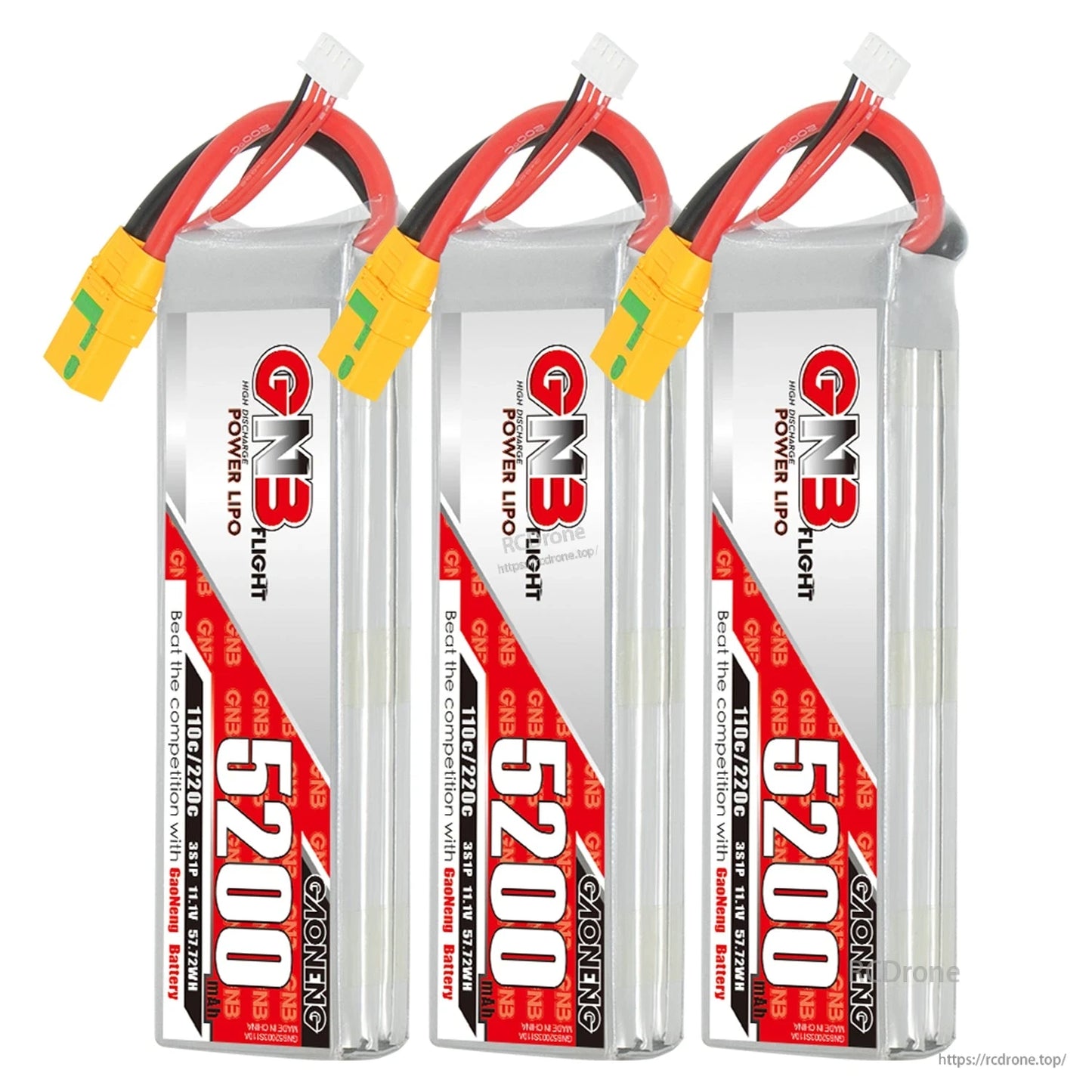 Three GNB 5200 LiPo battery packs lined up, each with XT90S connector and balance plug