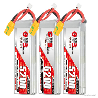 Three GNB 5200 LiPo battery packs lined up, each with XT90S connector and balance plug