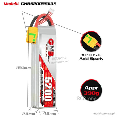 GNB5200 3S LiPo battery dimensions diagram 164×49×24mm with XT90S-F anti-spark connector