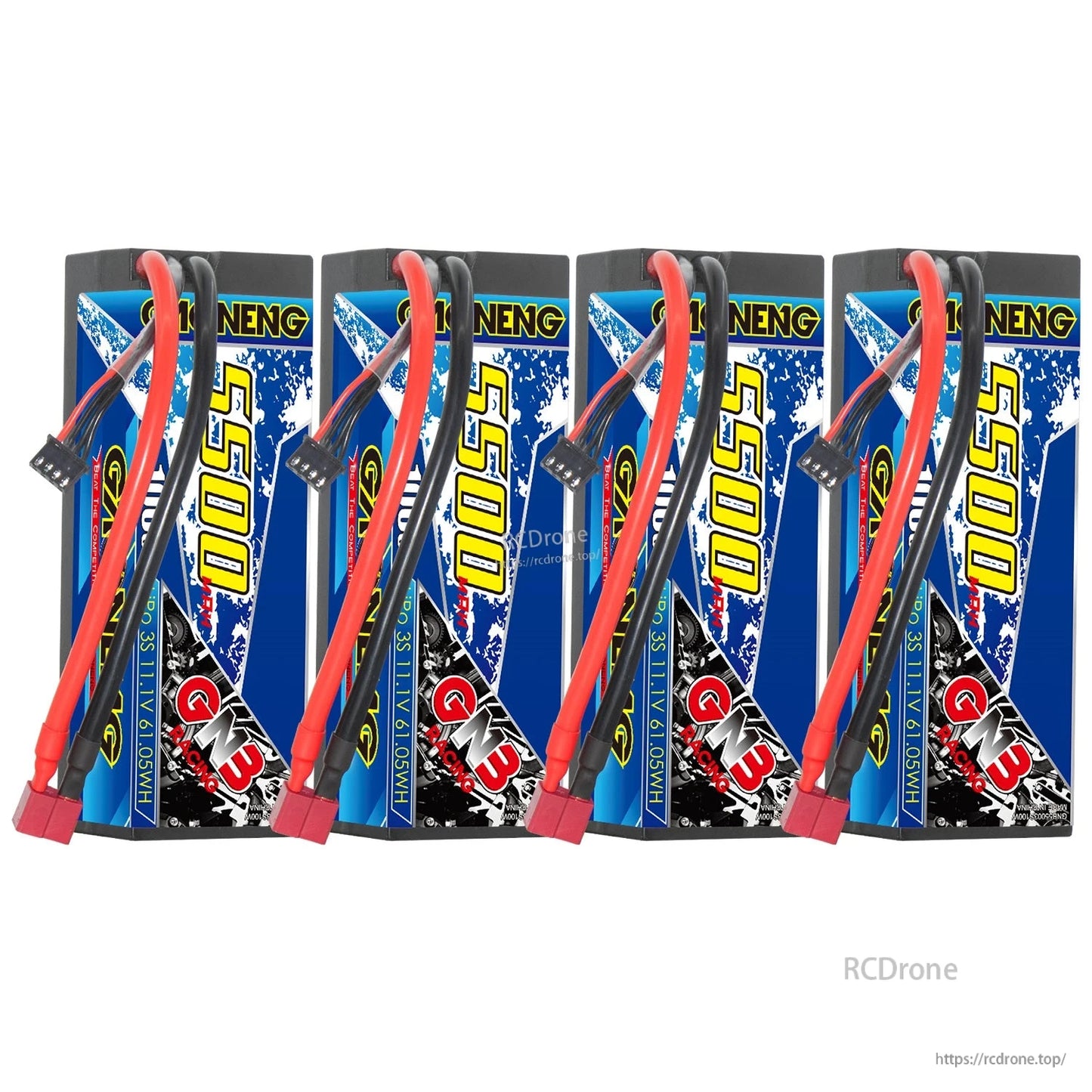 Four GAONENG GNB 3S 5500mAh hard case LiPo batteries lined up, showing leads and connectors