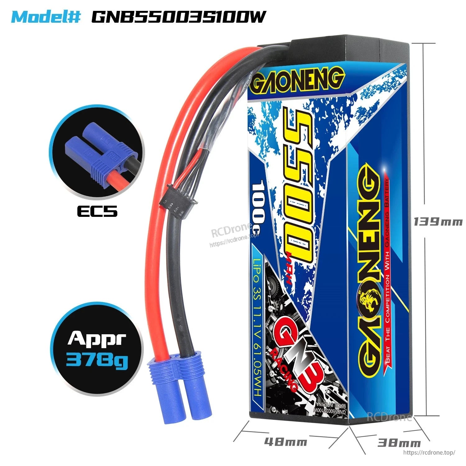 GNB55003S100W battery size and weight diagram with EC5 connector close-up (approx 378g)