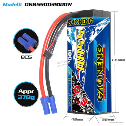 GNB55003S100W battery size and weight diagram with EC5 connector close-up (approx 378g)