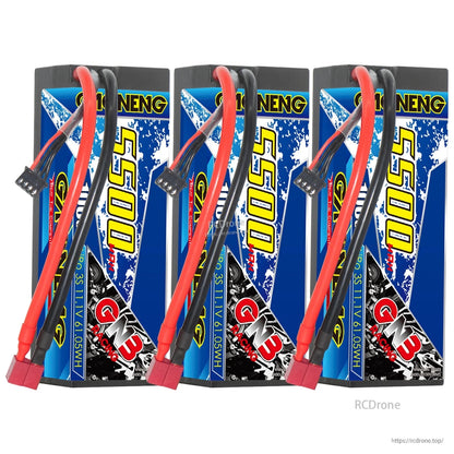 Three GAONENG GNB 3S 5500mAh hard case LiPo batteries lined up, each with T-plug lead
