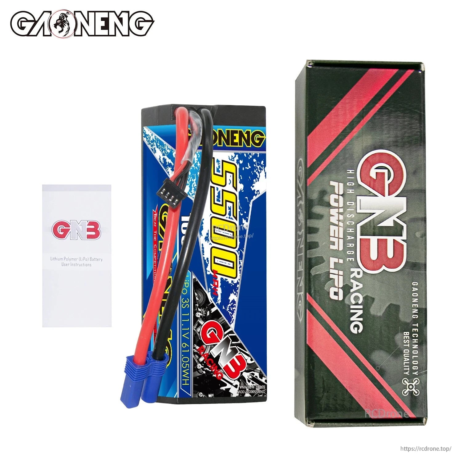 Package contents: GAONENG GNB 5500 hard case battery, GNB retail box, and user manual leaflet