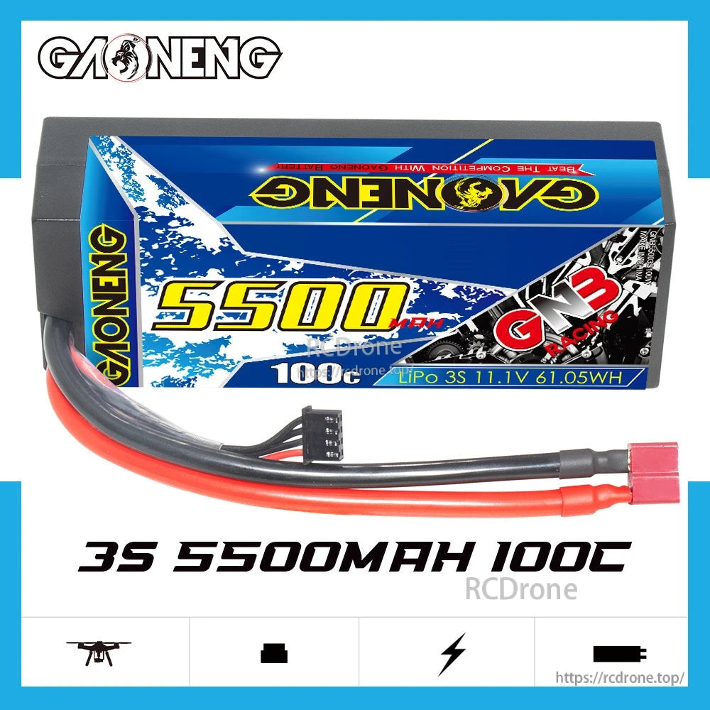 GAONENG GNB 3S 11.1V 5500mAh 100C hard case LiPo battery product graphic with key specs text