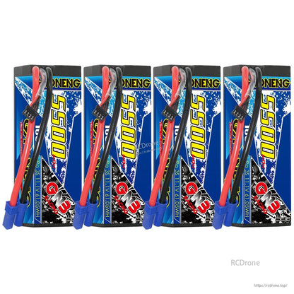 Four GAONENG GNB 5500mAh 3S hard case LiPo batteries with EC5 connectors lined up