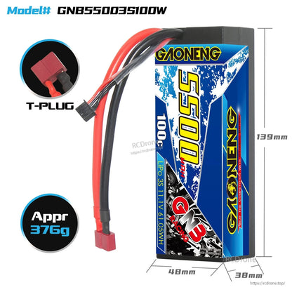 Battery dimensions and weight graphic showing T-plug connector, approx 139×48×38mm and 376g