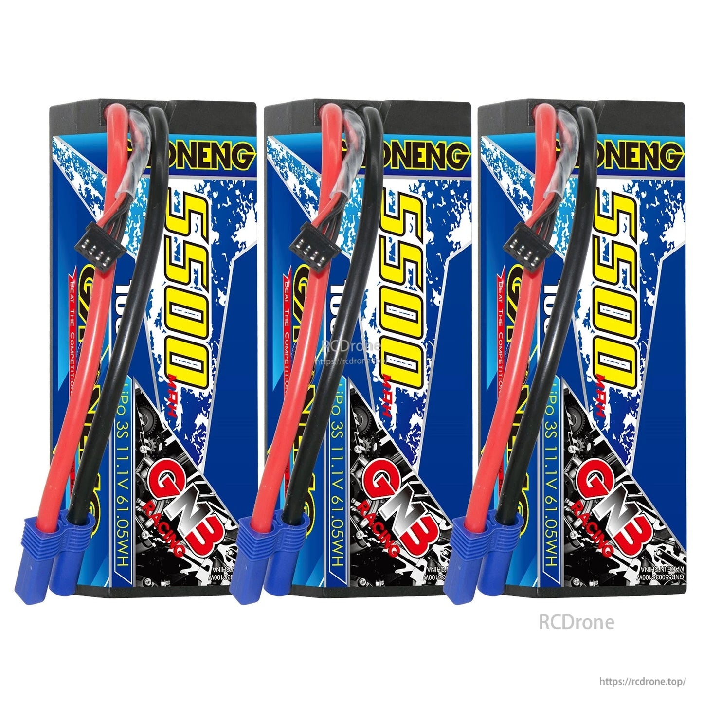Three GAONENG GNB 5500mAh 3S hard case LiPo batteries with EC5 plugs lined up