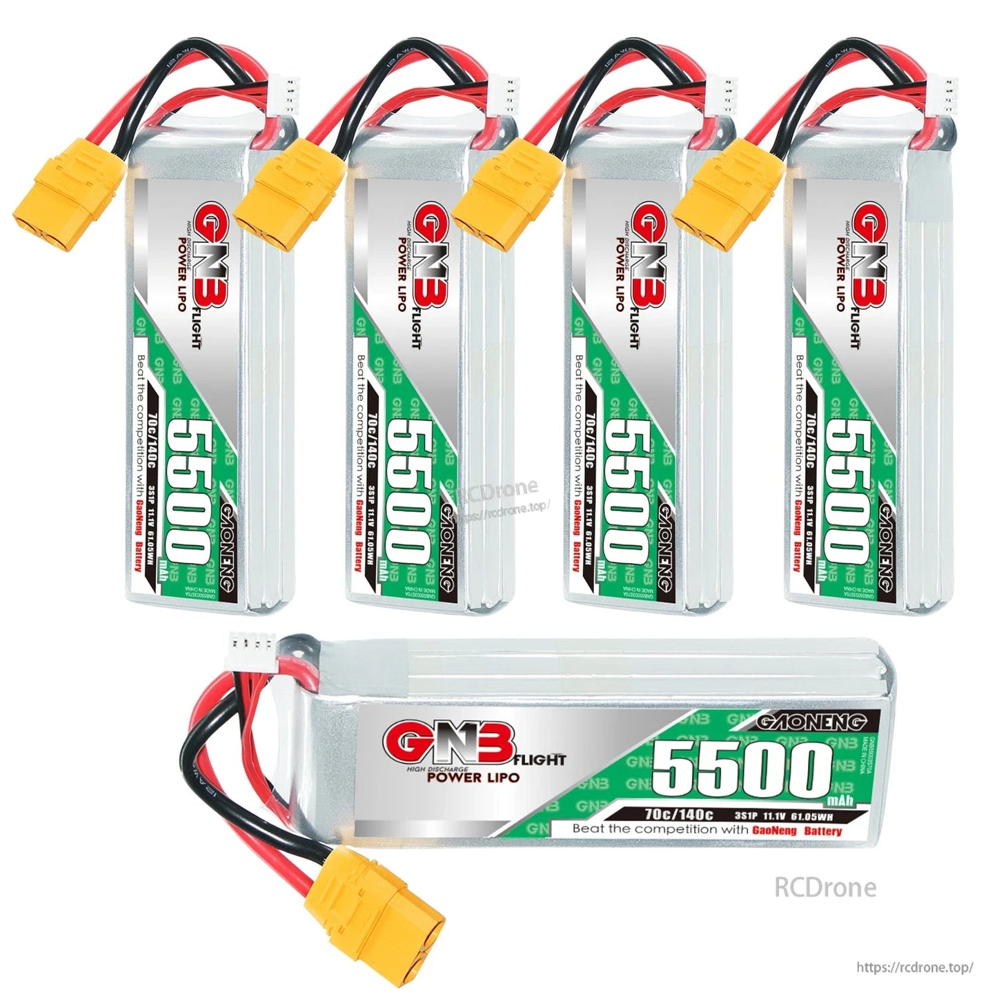 Bundle layout with four upright GNB 5500mAh packs plus one horizontal pack showing side label and XT90