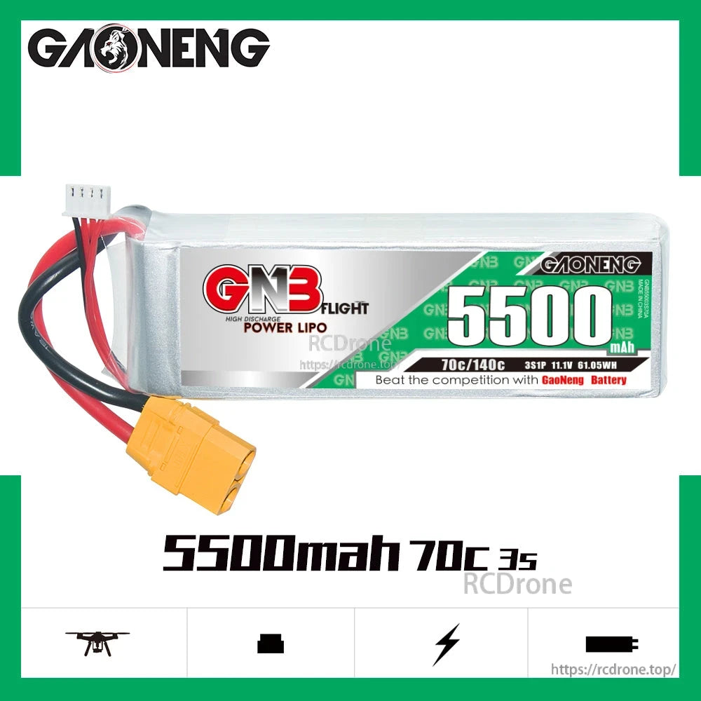 GAONENG GNB 3S 11.1V 5500mAh 70C LiPo Battery side profile with label showing 70C/140C