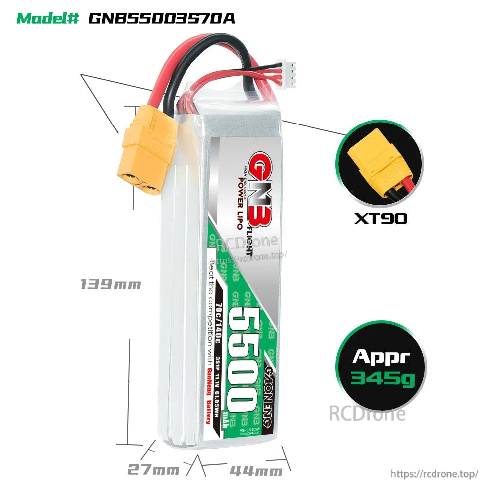 GNB 5500mAh 3S LiPo battery dimensions diagram 139×44×27mm with XT90 connector and approx 345g