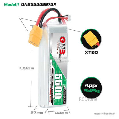 GNB 5500mAh 3S LiPo battery dimensions diagram 139×44×27mm with XT90 connector and approx 345g