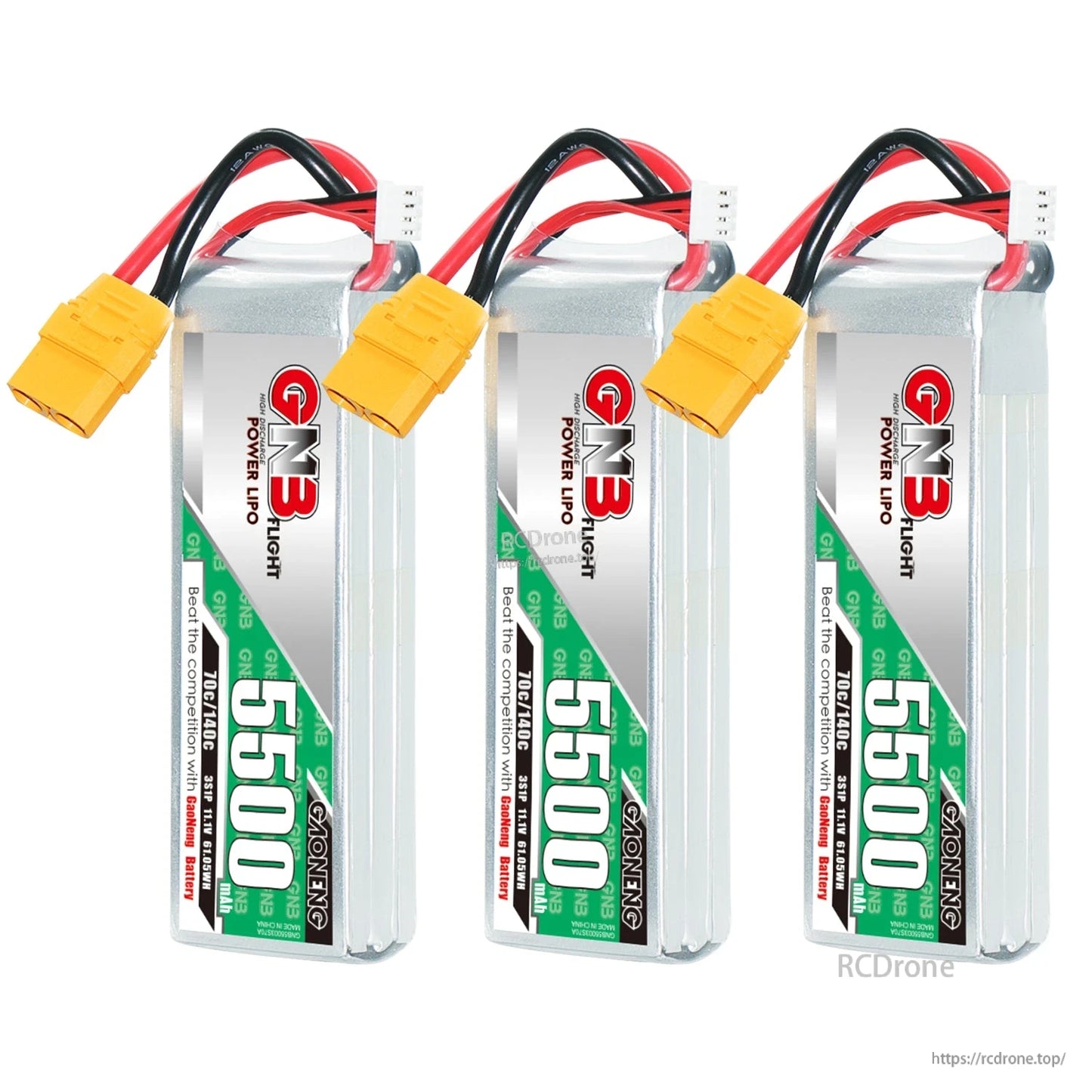 Three GNB 5500mAh LiPo batteries shown upright, each with yellow XT90 connector and balance lead
