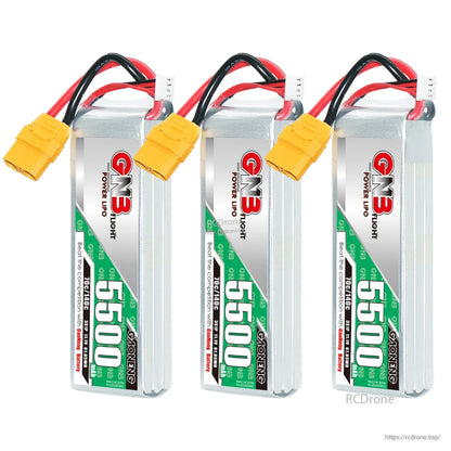 Three GNB 5500mAh LiPo batteries shown upright, each with yellow XT90 connector and balance lead