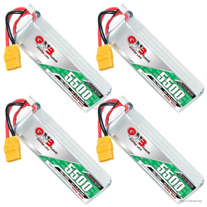 Four GNB 5500mAh LiPo packs in angled layout, showing label side and XT90 connectors