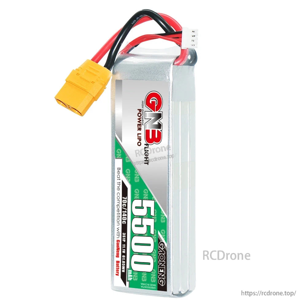 Single GNB 5500mAh LiPo pack upright view showing thickness and XT90 power lead plus balance plug