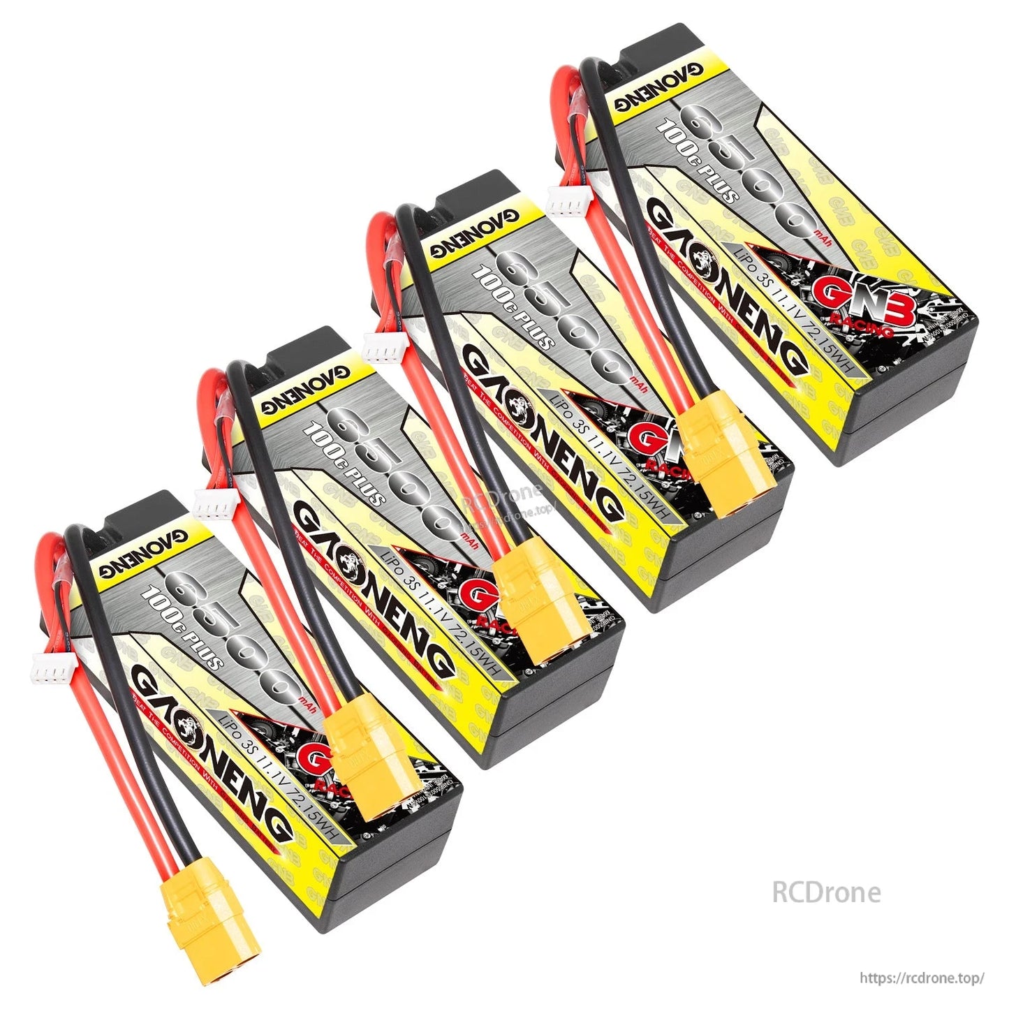Four GAONENG GNB hard case LiPo batteries shown with XT90 connectors, angled group display