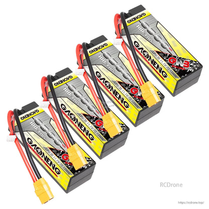 Four GAONENG GNB hard case LiPo batteries shown with XT90 connectors, angled group display