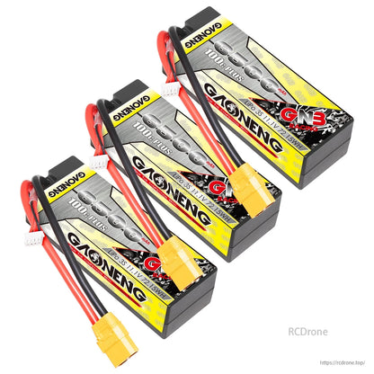 Three GAONENG GNB hard case LiPo batteries shown with XT90 connectors and balance plugs
