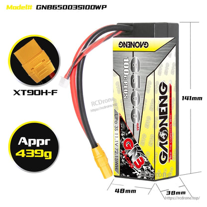 Battery dimensions and connector shown: XT90H-F, approx 141 x 48 x 38mm, weight appr 439g