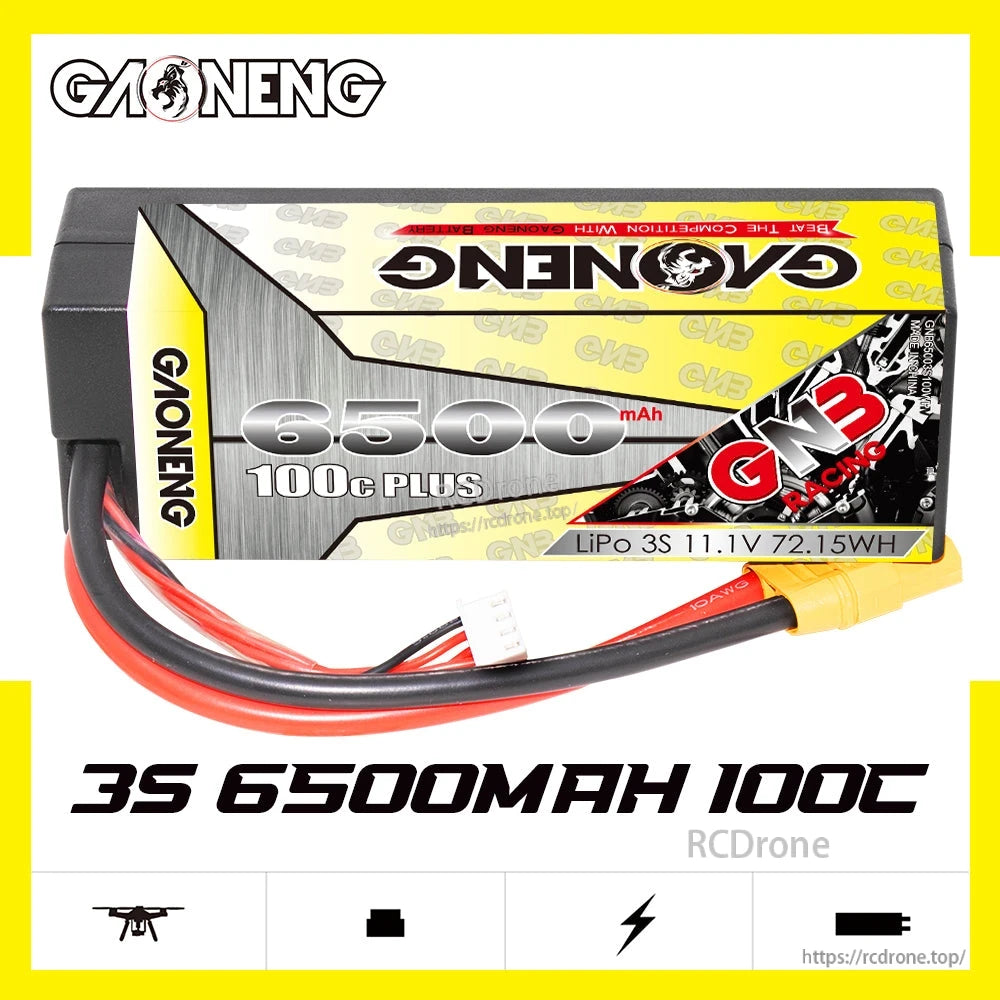 GAONENG GNB 3S 6500mAh 100C battery graphic showing 11.1V and 72.15Wh text on label