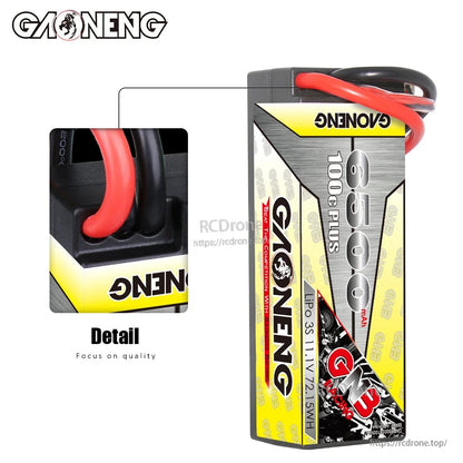 Close-up detail of hard case wire exit and strain relief on GAONENG GNB LiPo battery pack
