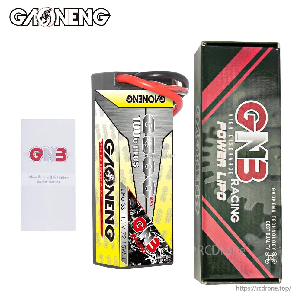 Package contents: GAONENG GNB hard case LiPo battery, GN3 Racing box, and user instructions leaflet