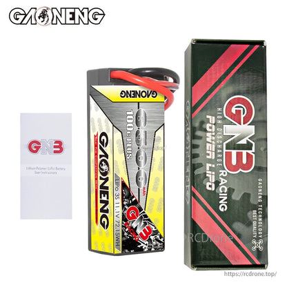 Package contents: GAONENG GNB hard case LiPo battery, GN3 Racing box, and user instructions leaflet