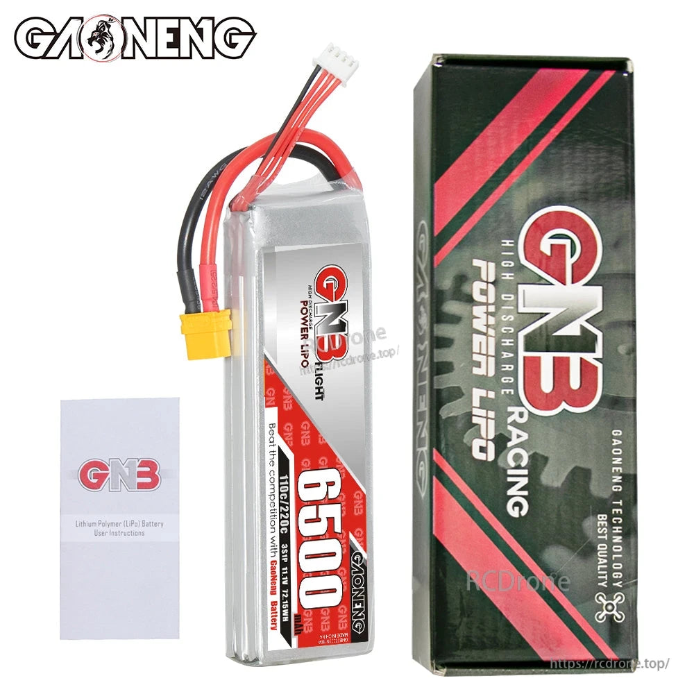 GNB 6500 LiPo battery with retail box packaging and user instructions leaflet included
