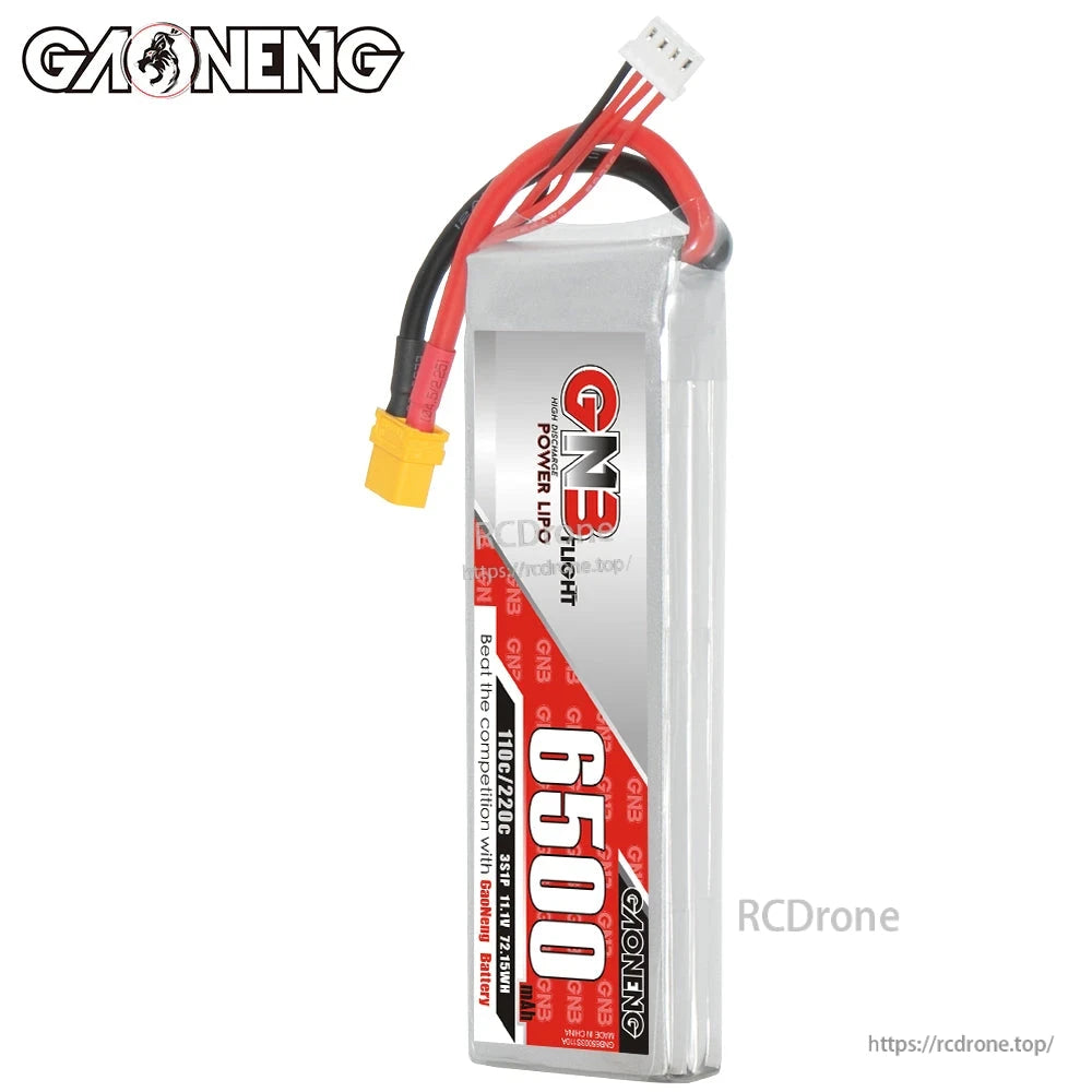 Vertical front view of GNB 6500 label with attached XT60 power lead and 3S balance connector