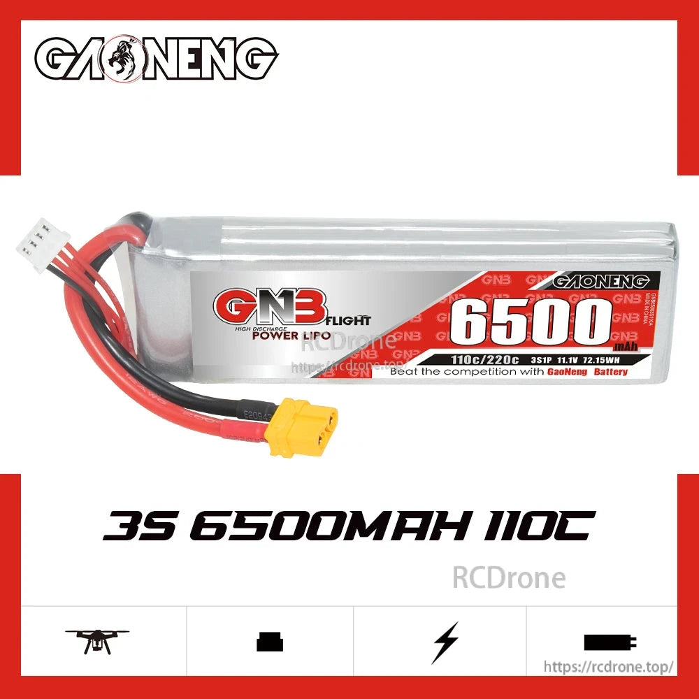 GAONENG GNB 3S 11.1V 6500mAh 110C LiPo Battery XT60 plug, side profile on white background