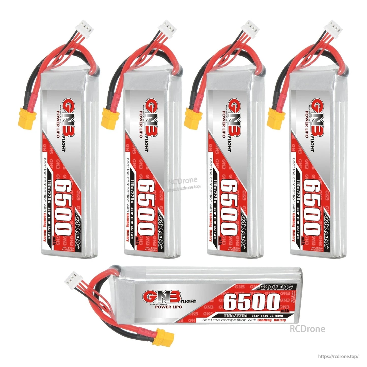Five-battery set display: four upright packs plus one horizontal GNB 6500 LiPo battery