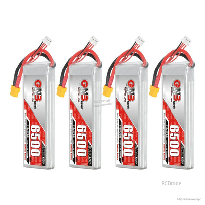 Four GNB 6500 LiPo batteries lineup with red/black leads and XT60 connectors