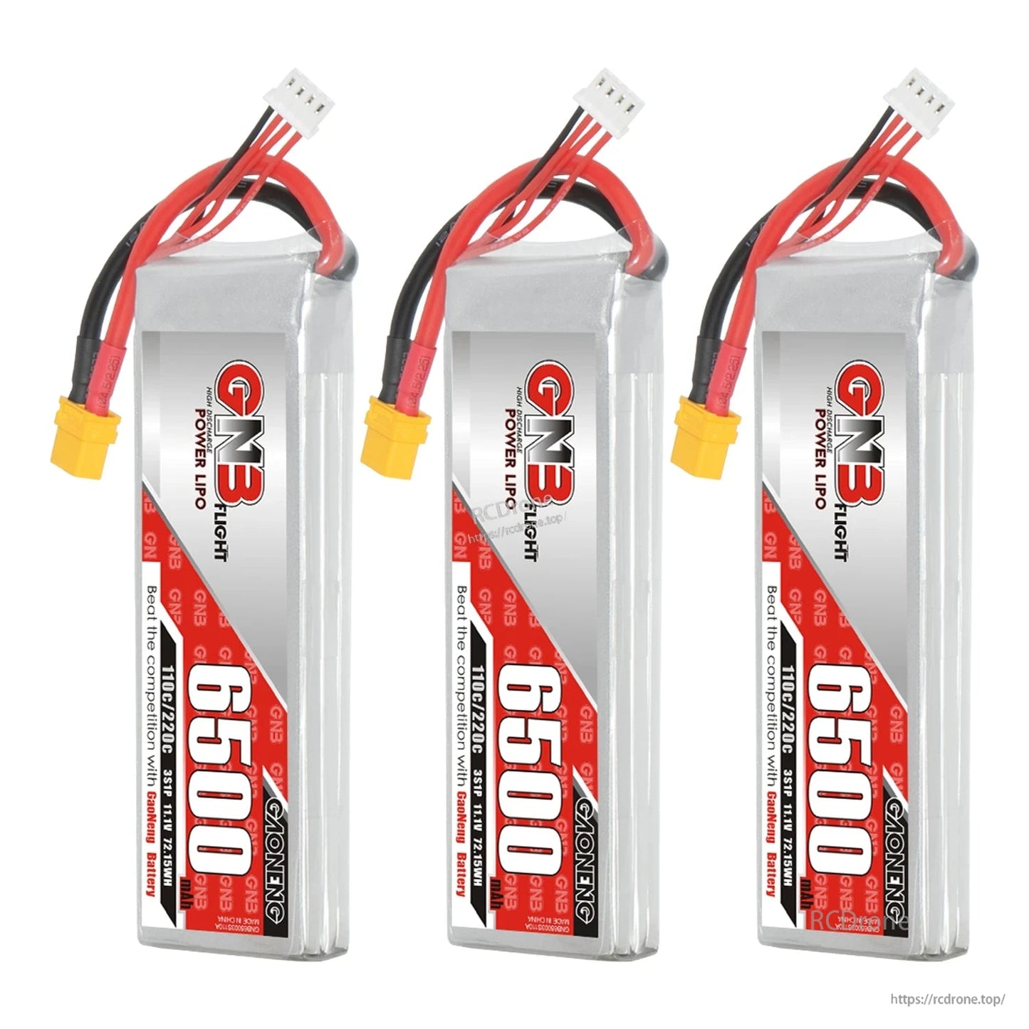Three GNB 6500 LiPo batteries lineup, each with XT60 connector and balance lead