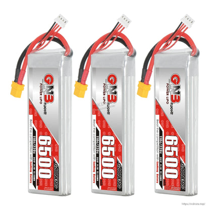 Three GNB 6500 LiPo batteries lineup, each with XT60 connector and balance lead