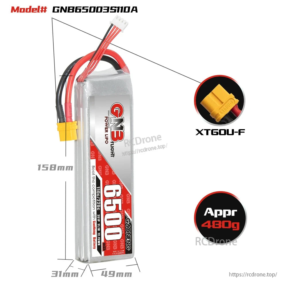 Battery dimensions diagram for model GNB65003S110A, XT60U-F plug, approx 400g weight callout
