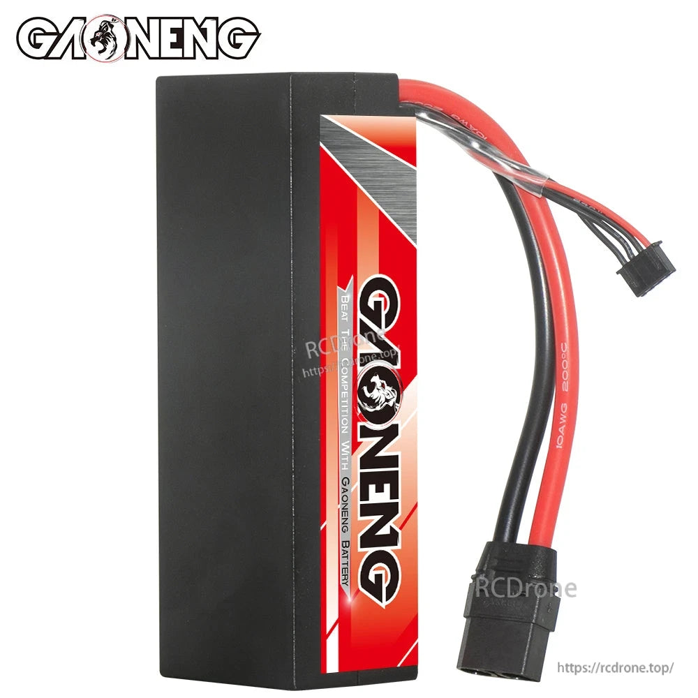 Side view of GAONENG hard case battery showing plain black case, XT90 plug and balance connector
