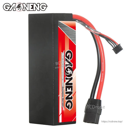 Side view of GAONENG hard case battery showing plain black case, XT90 plug and balance connector