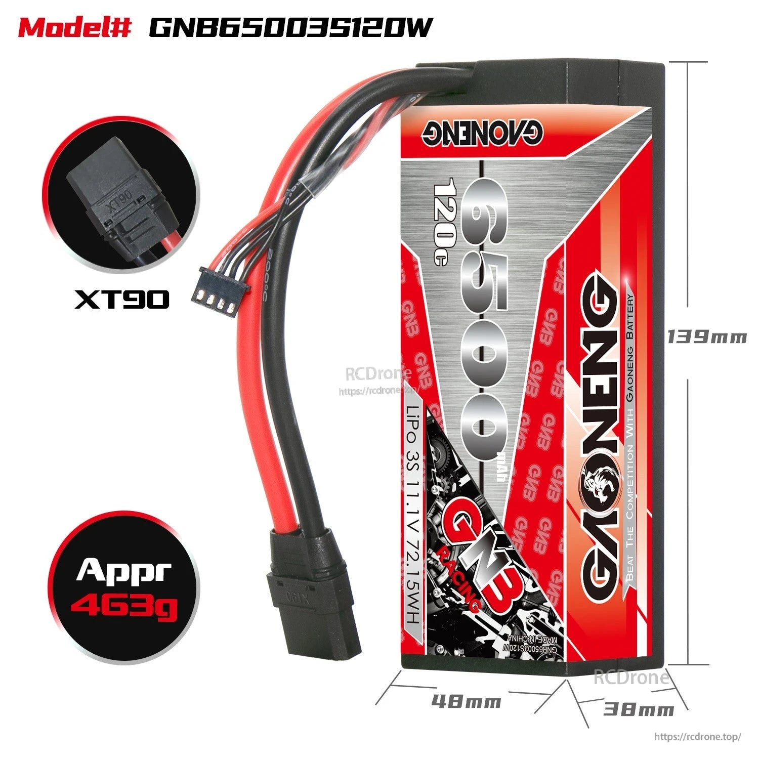 GNB hard case LiPo dimensions graphic with XT90 connector inset and approx 463g weight callout