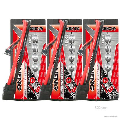 Three GAONENG GNB 6500 hard case LiPo batteries displayed together, each with XT90 leads